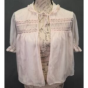 50s 60s Sheer Coquette Top M Bed Jacket Lingerie Lace Yoke Satin Nylon Vint